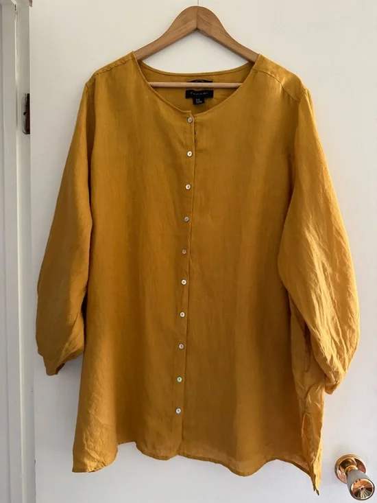 Minimalist Linen Button Blouse Mustard Oversized Relaxed Capsule - Picture 5 of 10